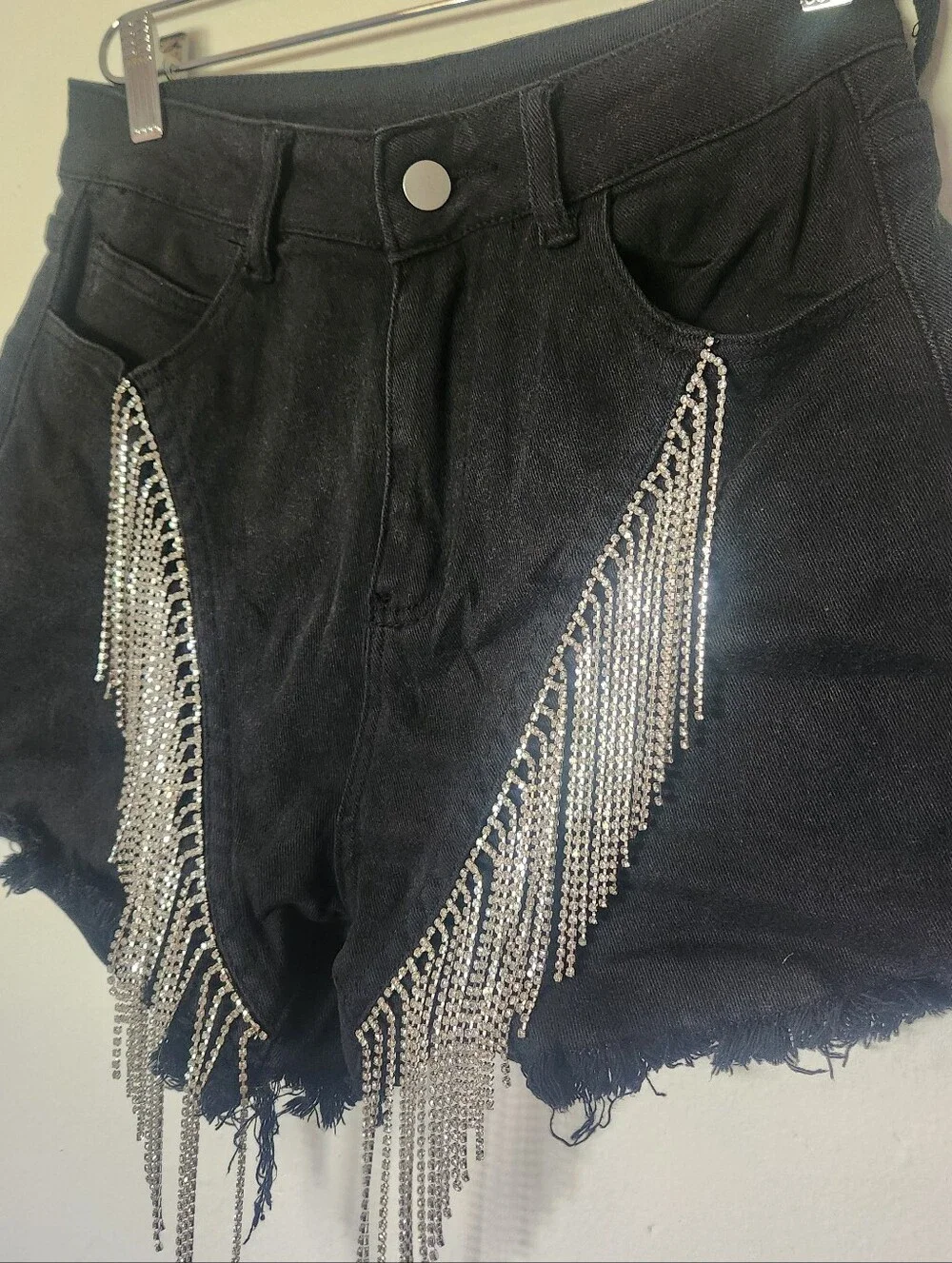 Black Rhinestone Fringe Denim Shorts - Women